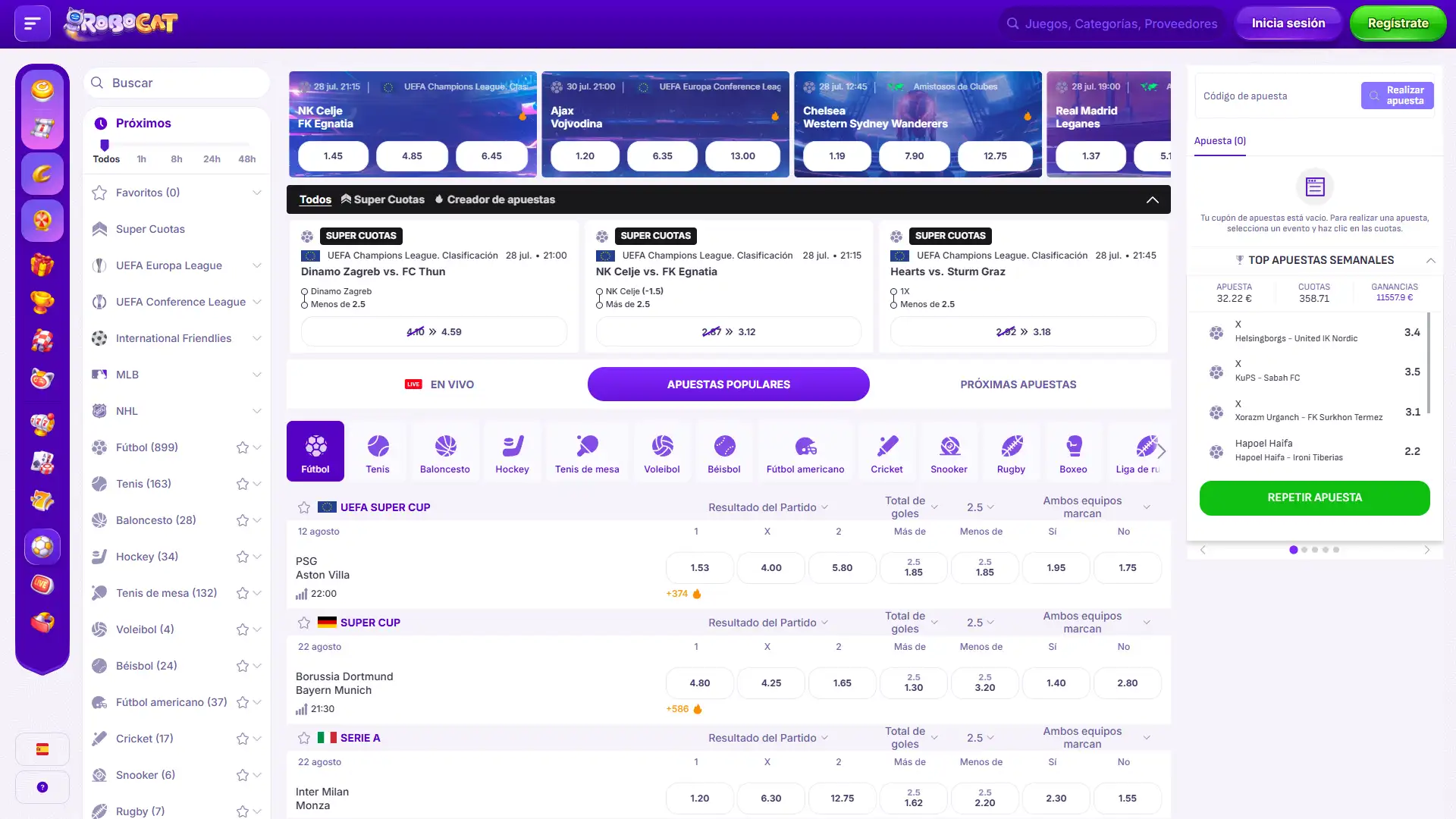 En Robocat están disponibles los deportes más populares para apostar.