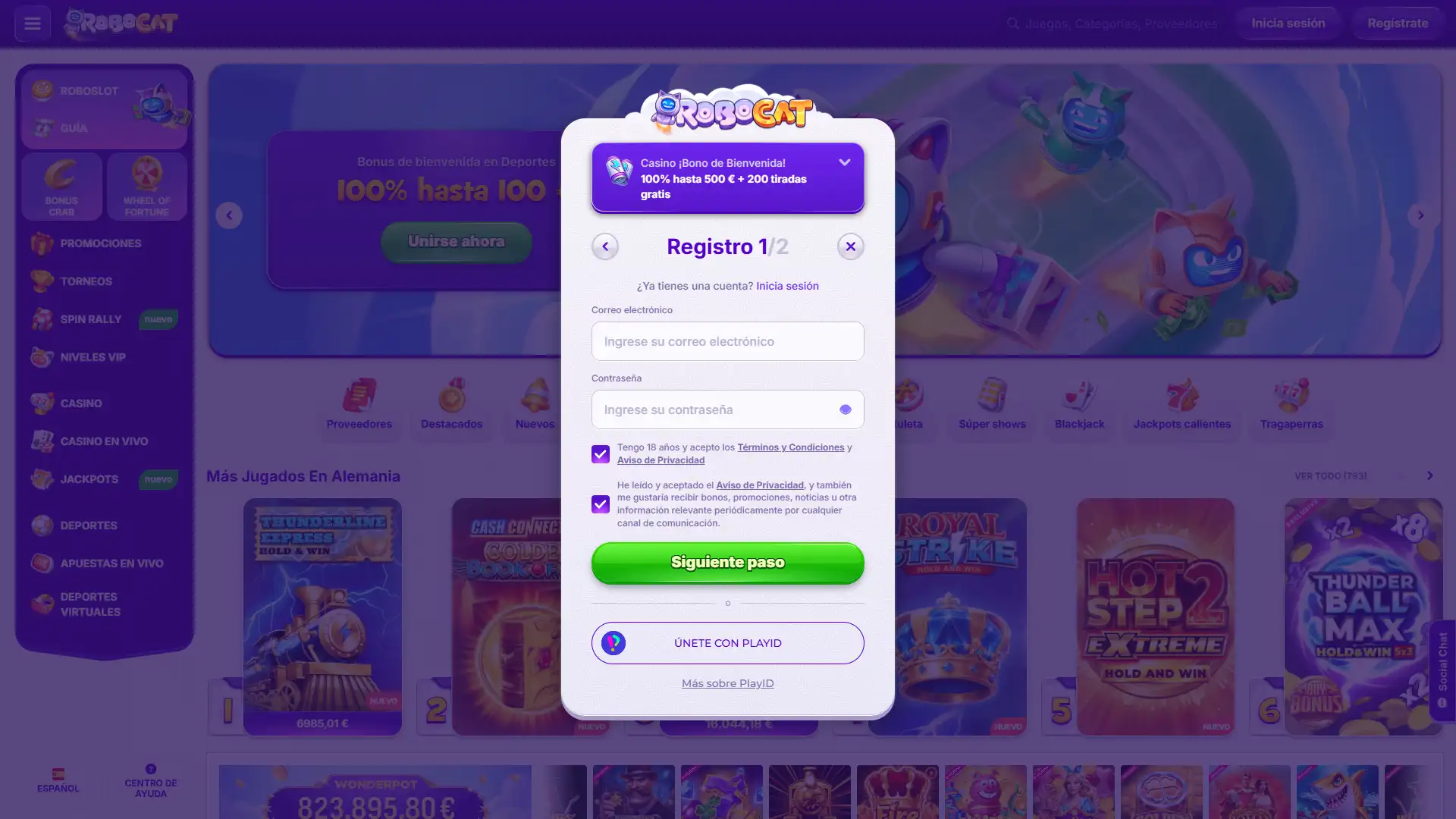 Completa el registro rápido en Robocat y accede a tu cuenta.