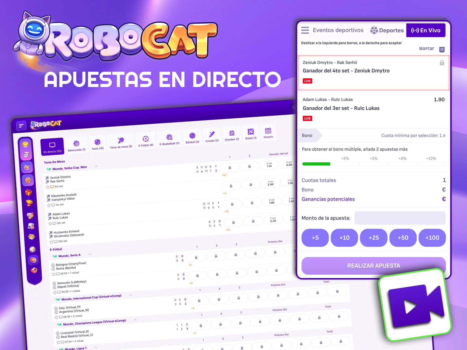 Apuestas en Directo en Robocat muestran cuotas dinámicas durante el evento.