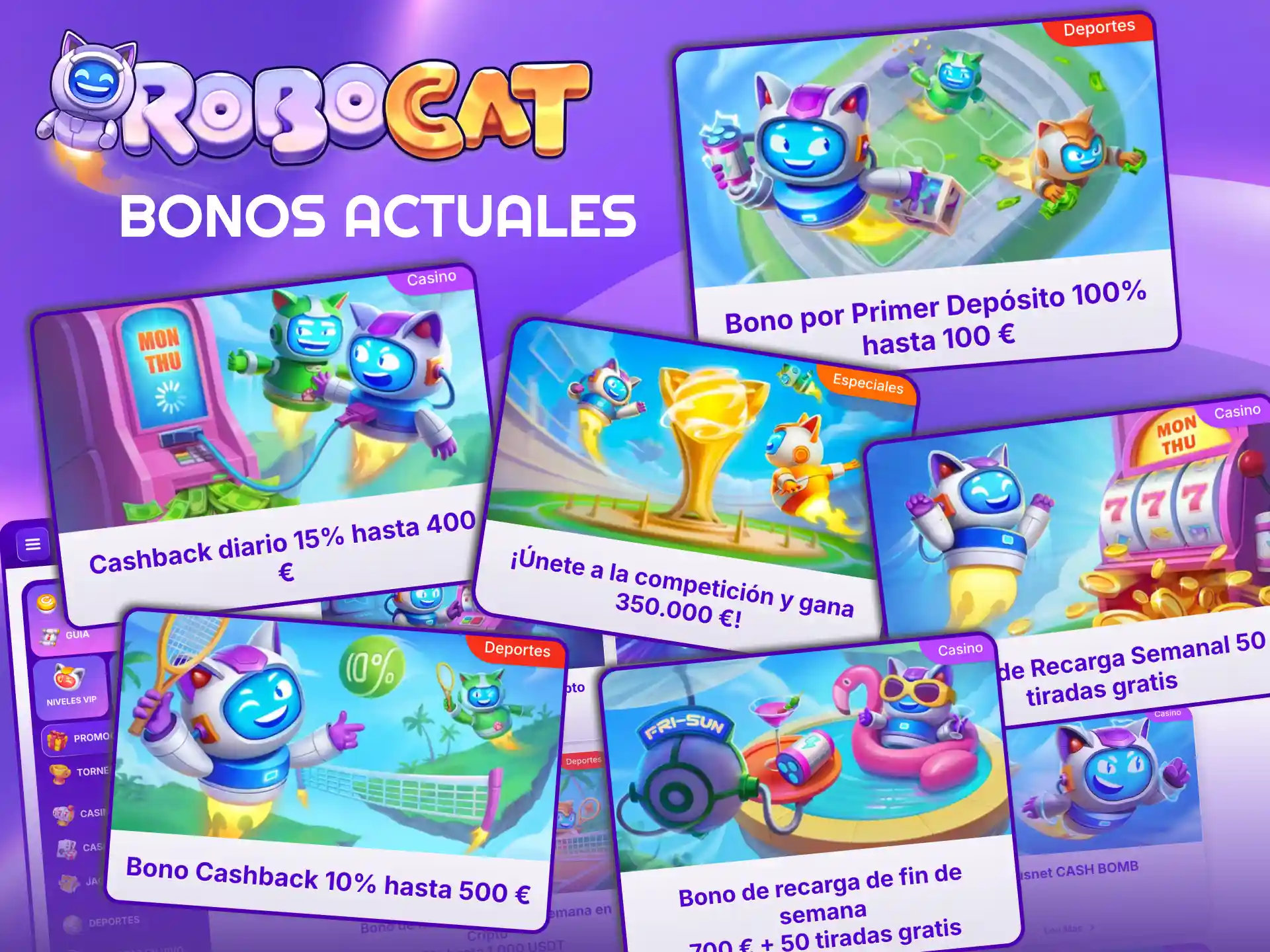 Bonos Robocat incluye torneos, apuestas sin riesgo y premios en efectivo.