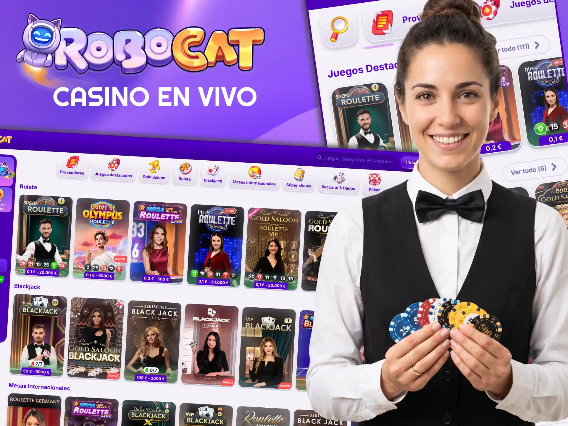 Casino Robocat ofrece ruleta, blackjack y baccarat en directo.