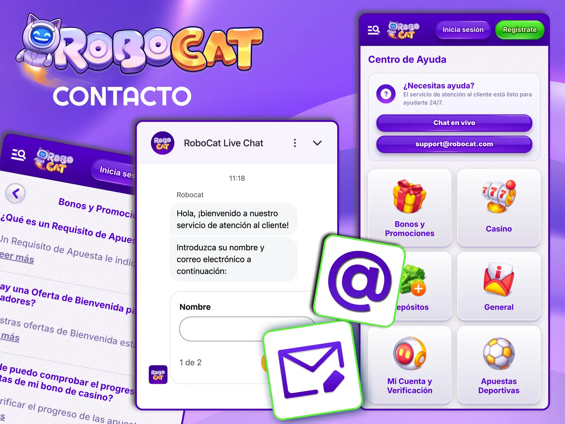 Soporte Robocat atiende 24/7 pagos, bonos y verificación.