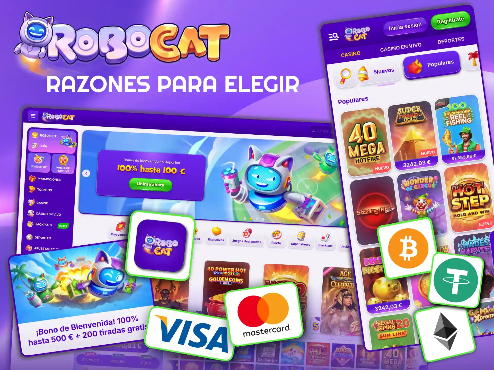Ventajas Robocat reúne casino, deportes y cibersports en una sola cuenta.