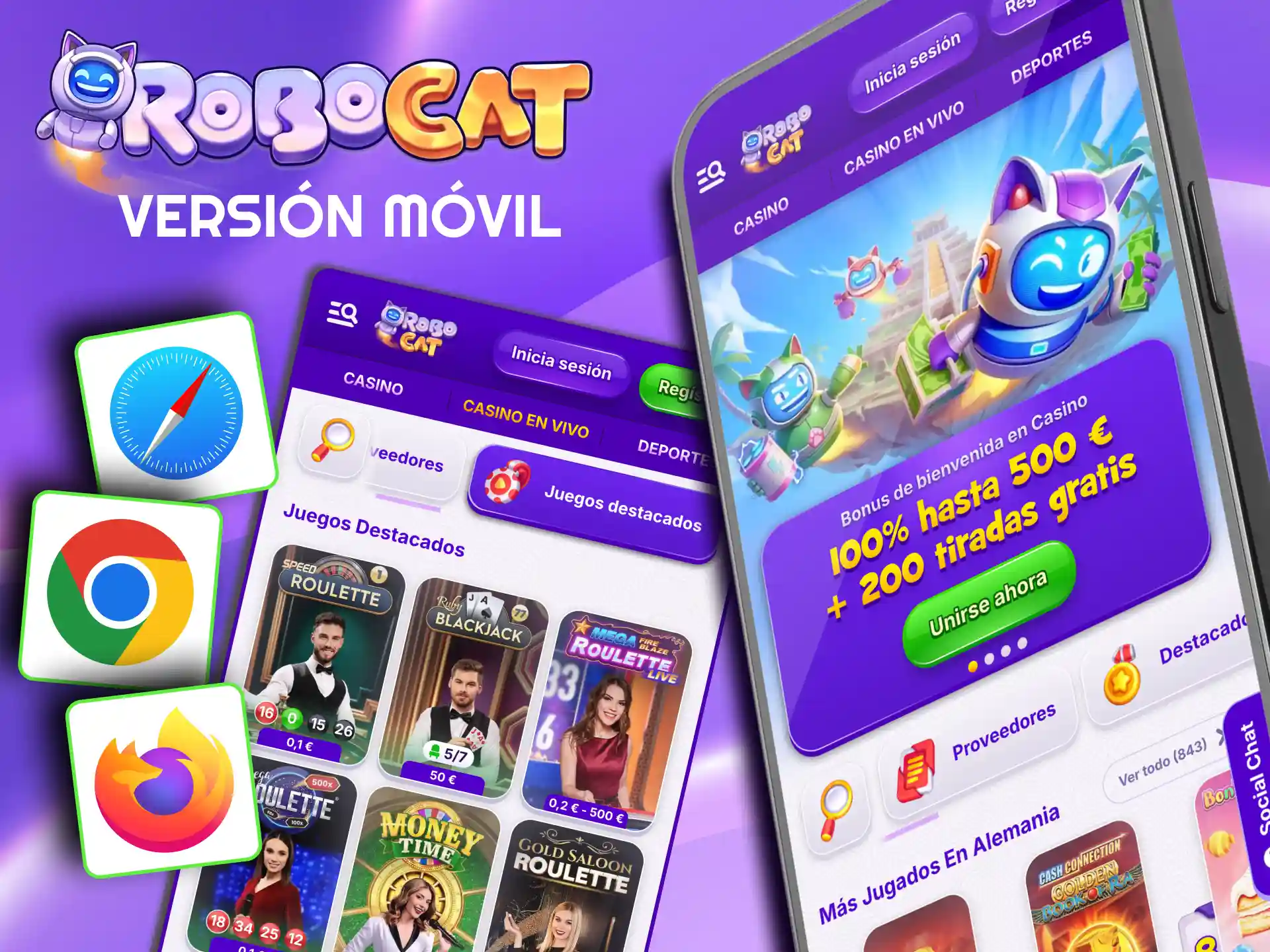 Robocat móvil ofrece acceso completo desde navegador sin descargas.